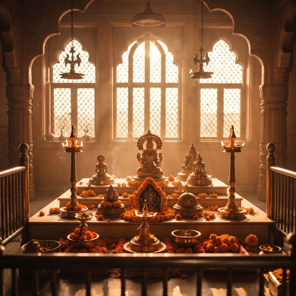 Traditional Hindu ritual with sacred items and oil lamps